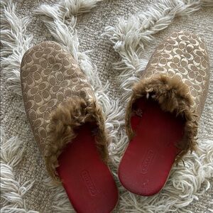 Coach Melody Women's Gold and Red Fur-Lined rabbit slippers